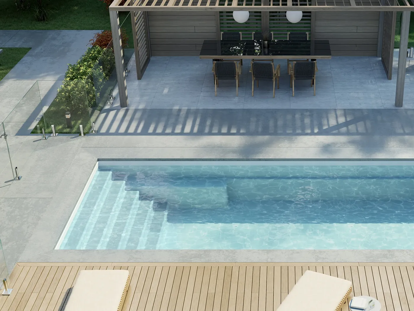 Modern Mova fiberglass pool beside a finished backyard patio and cabana