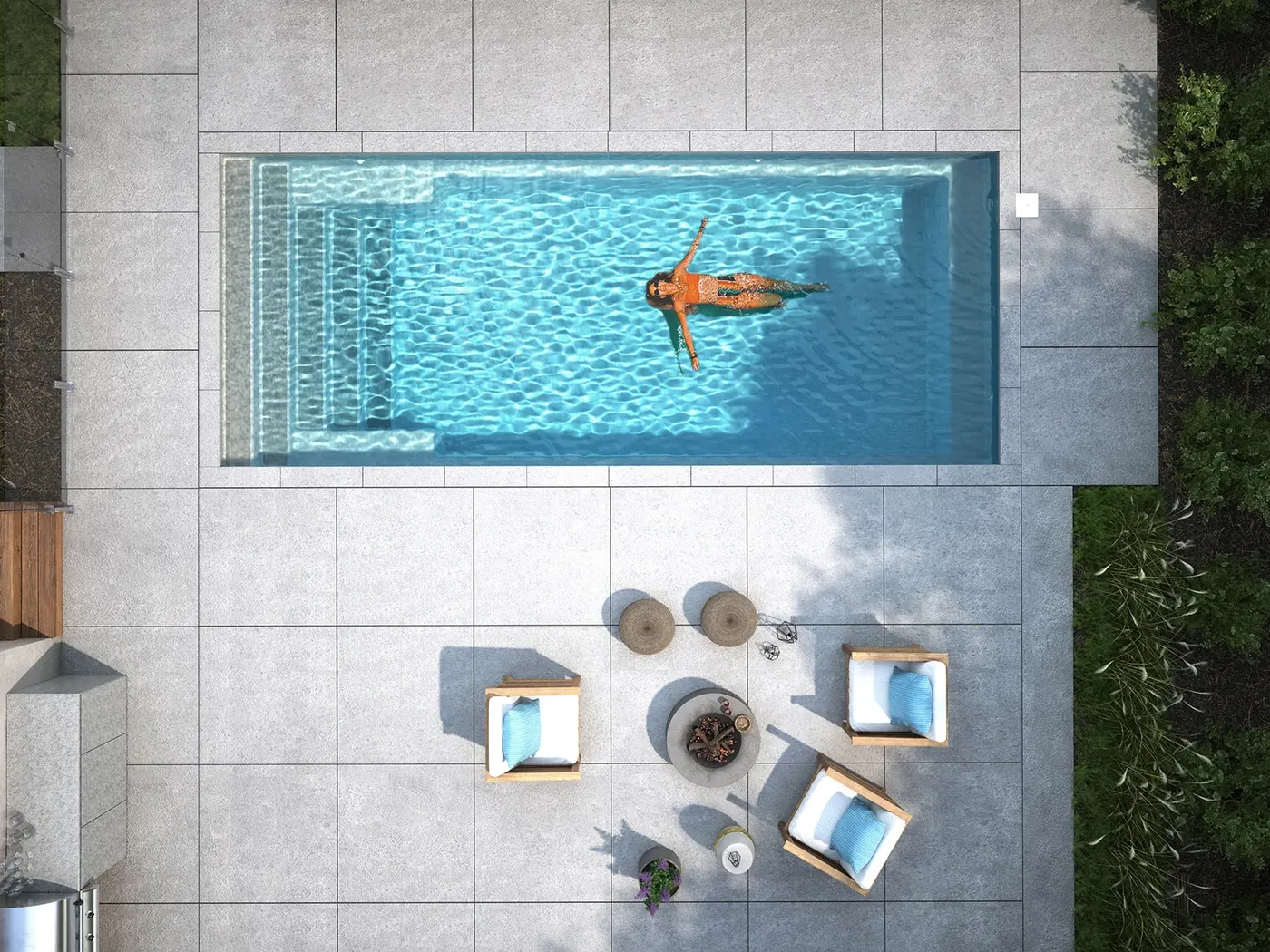 Mova fiberglass pool representing the selected long and narrow 9 by 24 model